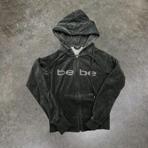 Bebe Vintage Y2K Velour Rhinestone Logo Zip Up Hoodie Charcoal Grey Small